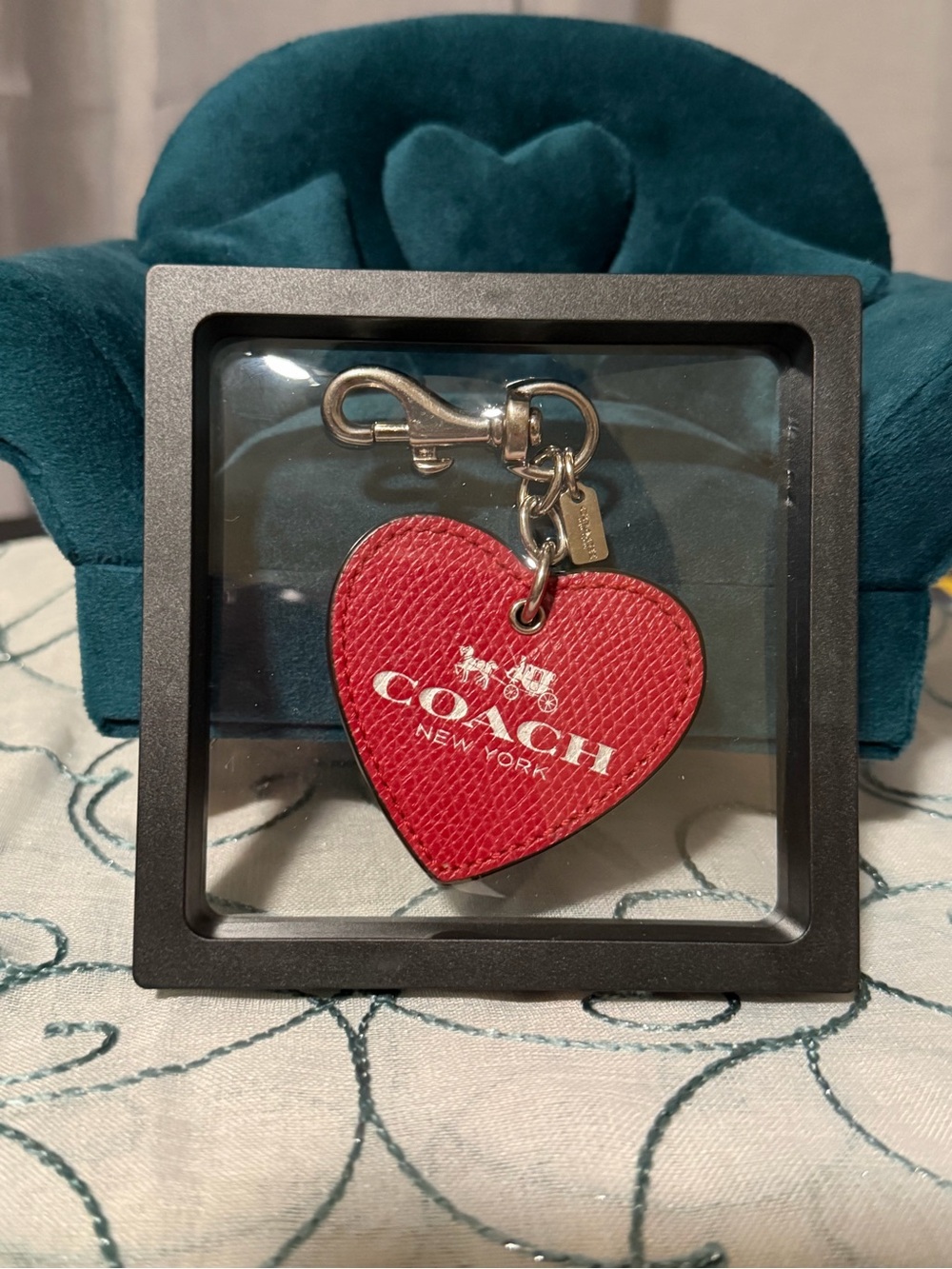 Coach Red Leather Heart Bag Charm / Keychain With Silver Mini Hang Tag